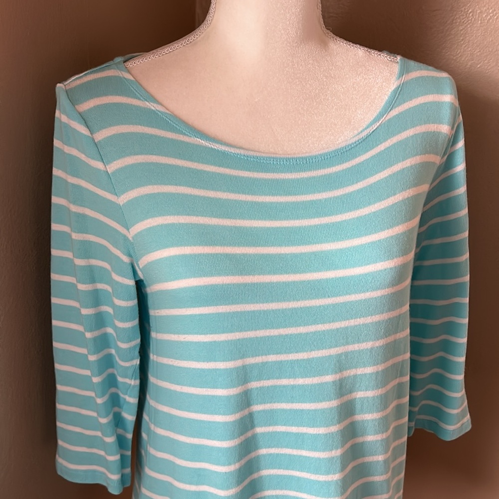 Talbots aqua ocean blue and white stripe boat neck, 3/4 sleeve top. SP